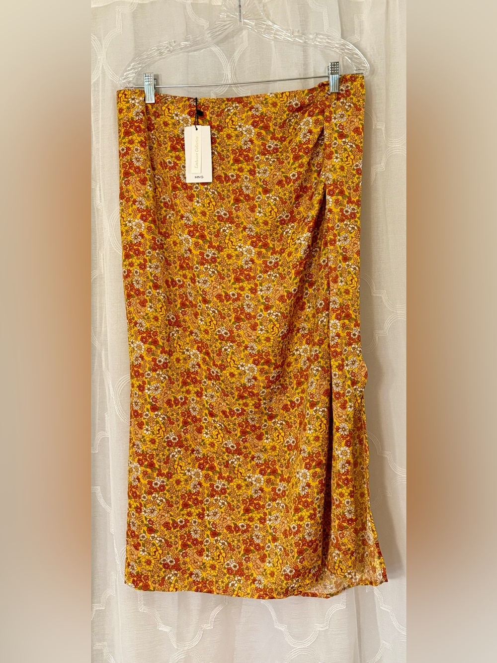 MNG Mango Exclusive Collection NWT XL Mustard Floral Midi Skirt